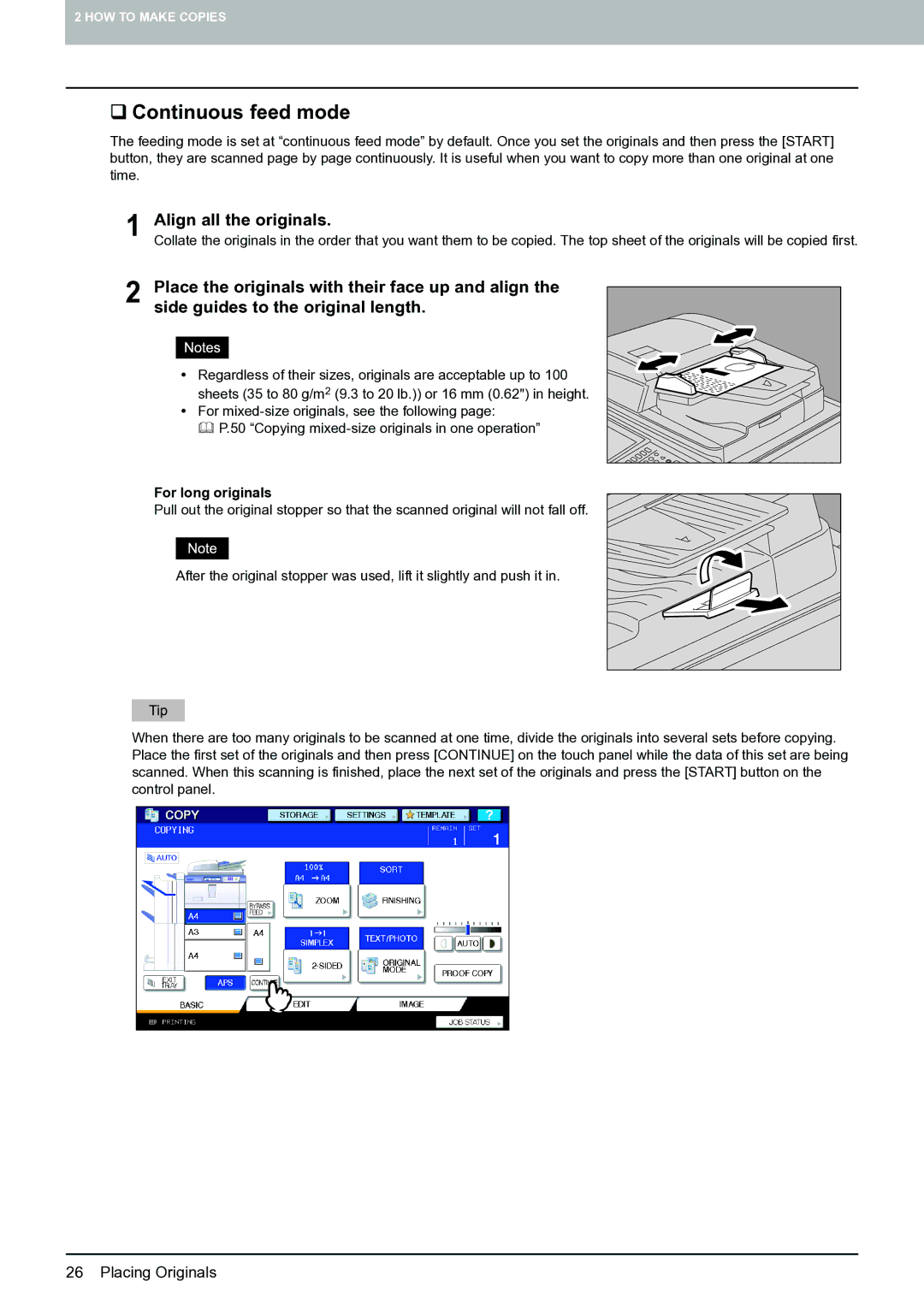 Toshiba E-STUDIO555 manual ‰ Continuous feed mode, Align all the originals, For long originals 