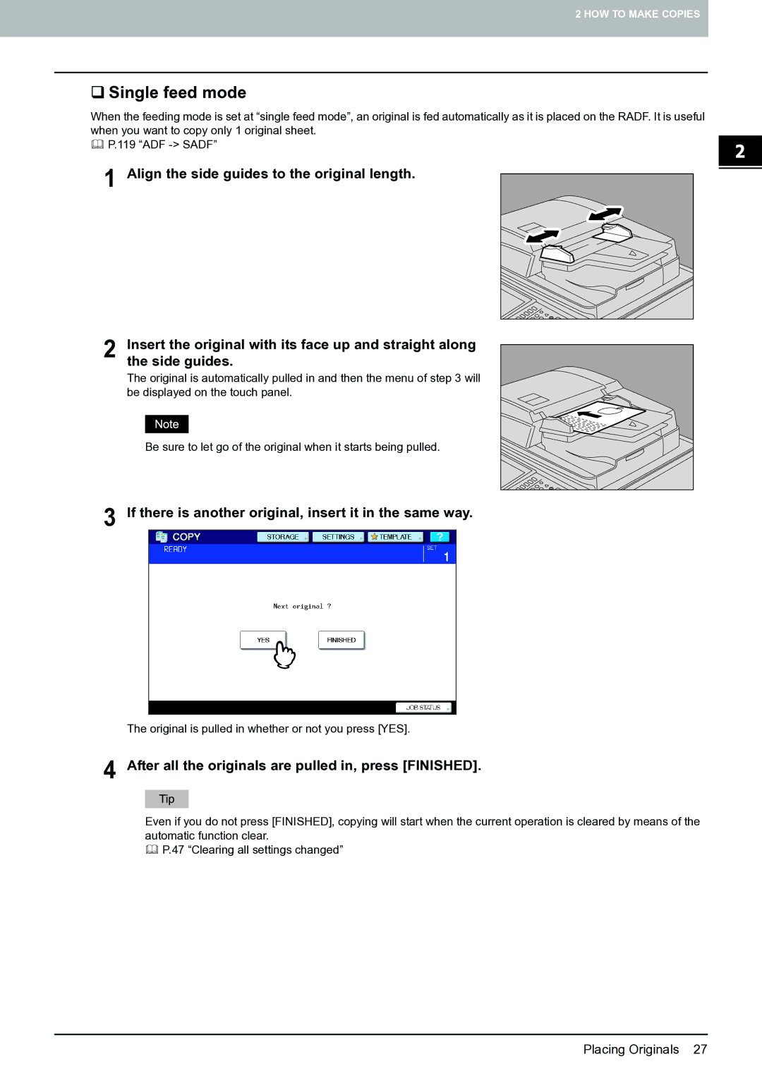 Toshiba E-STUDIO555 manual ‰ Single feed mode, If there is another original, insert it in the same way 