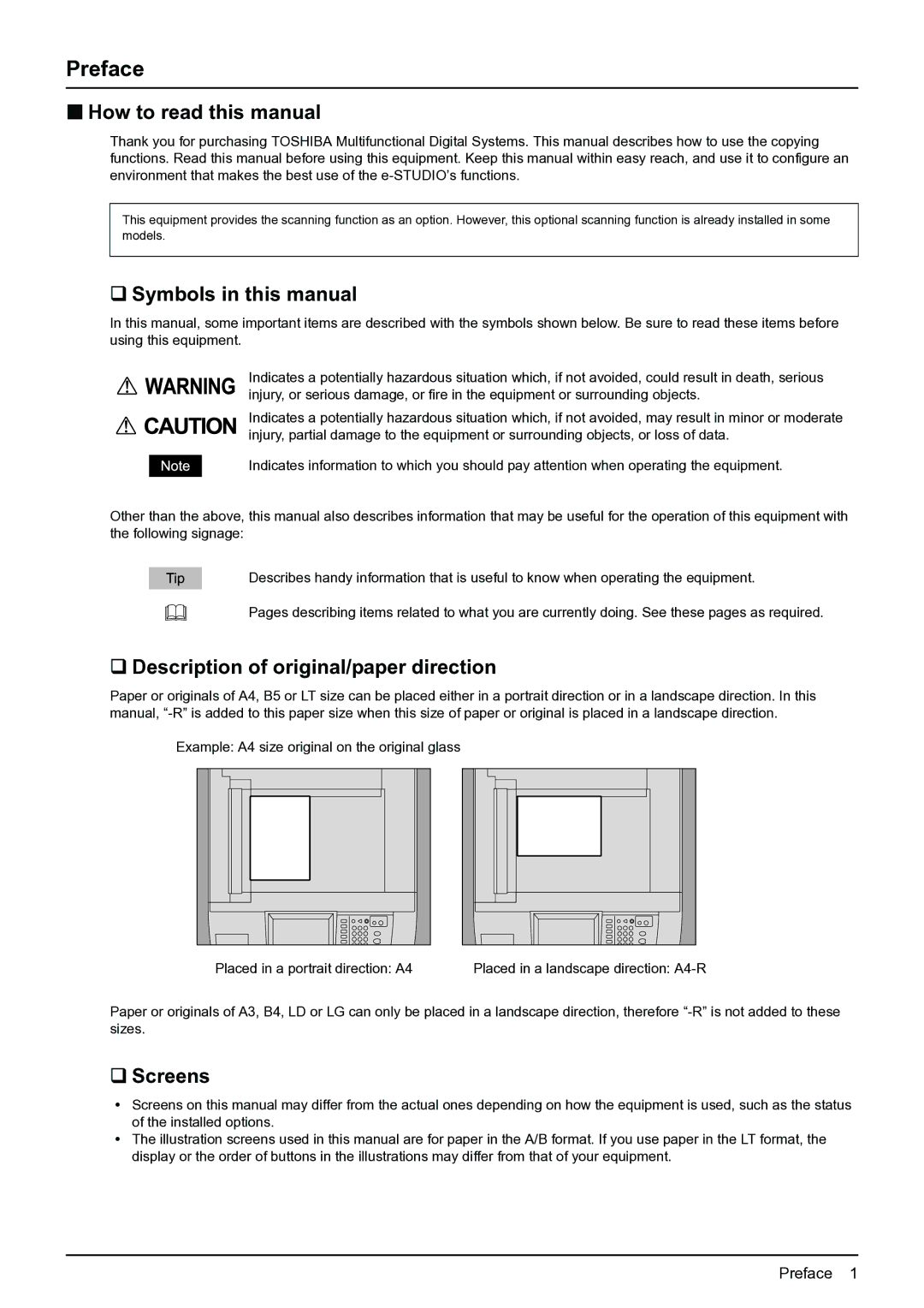 Toshiba E-STUDIO555 Preface, „ How to read this manual, ‰ Symbols in this manual, ‰ Screens 