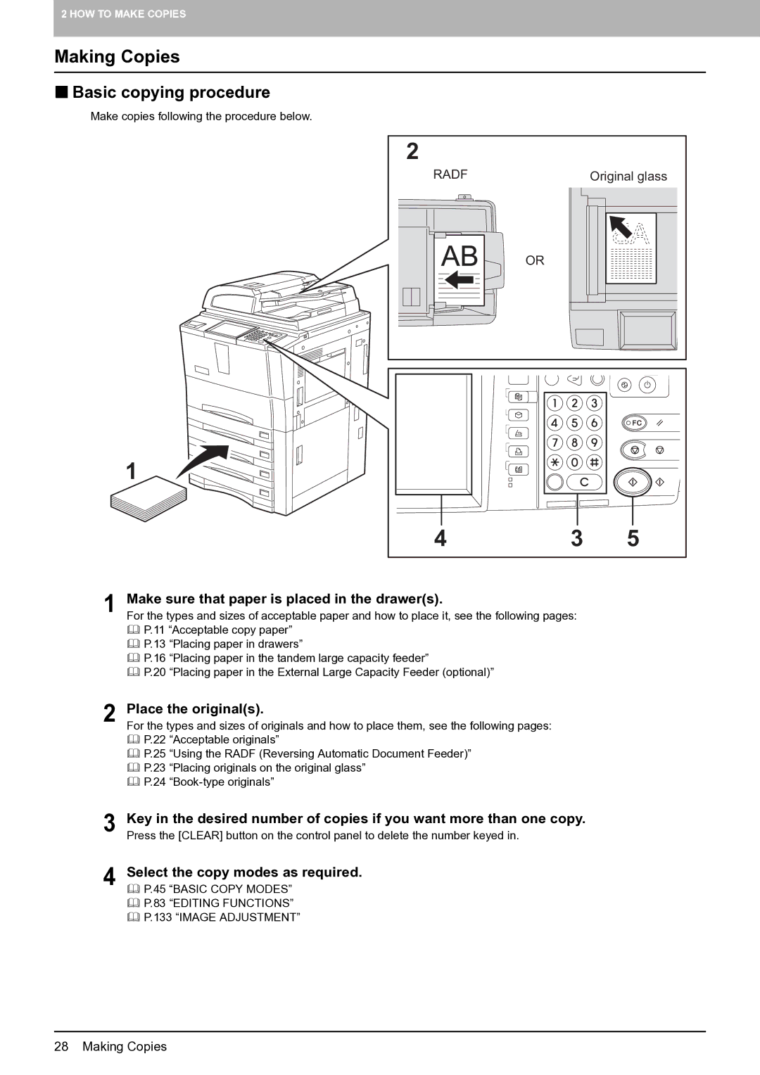 Toshiba E-STUDIO555 manual Making Copies, „ Basic copying procedure, Make sure that paper is placed in the drawers 