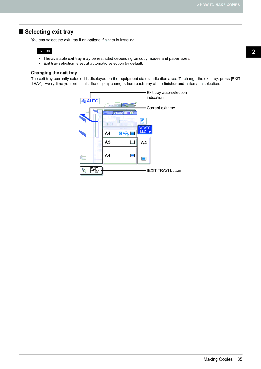 Toshiba E-STUDIO555 manual „ Selecting exit tray, Changing the exit tray 