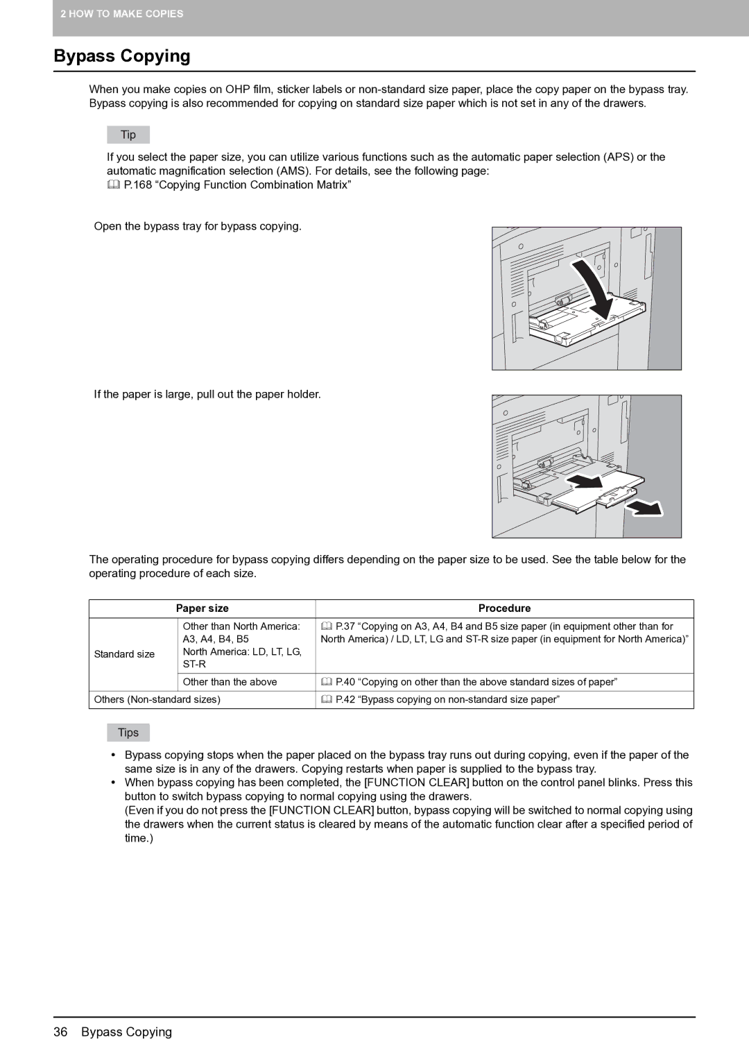 Toshiba E-STUDIO555 manual Bypass Copying, Paper size Procedure 