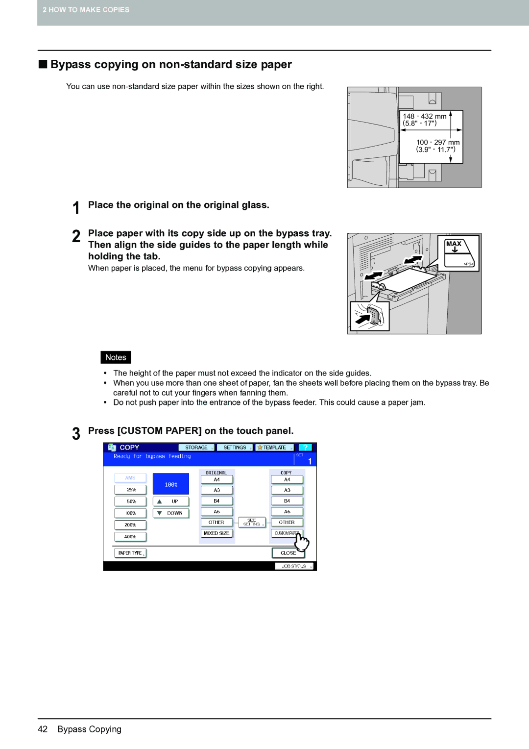 Toshiba E-STUDIO555 manual „ Bypass copying on non-standard size paper, Press Custom Paper on the touch panel 