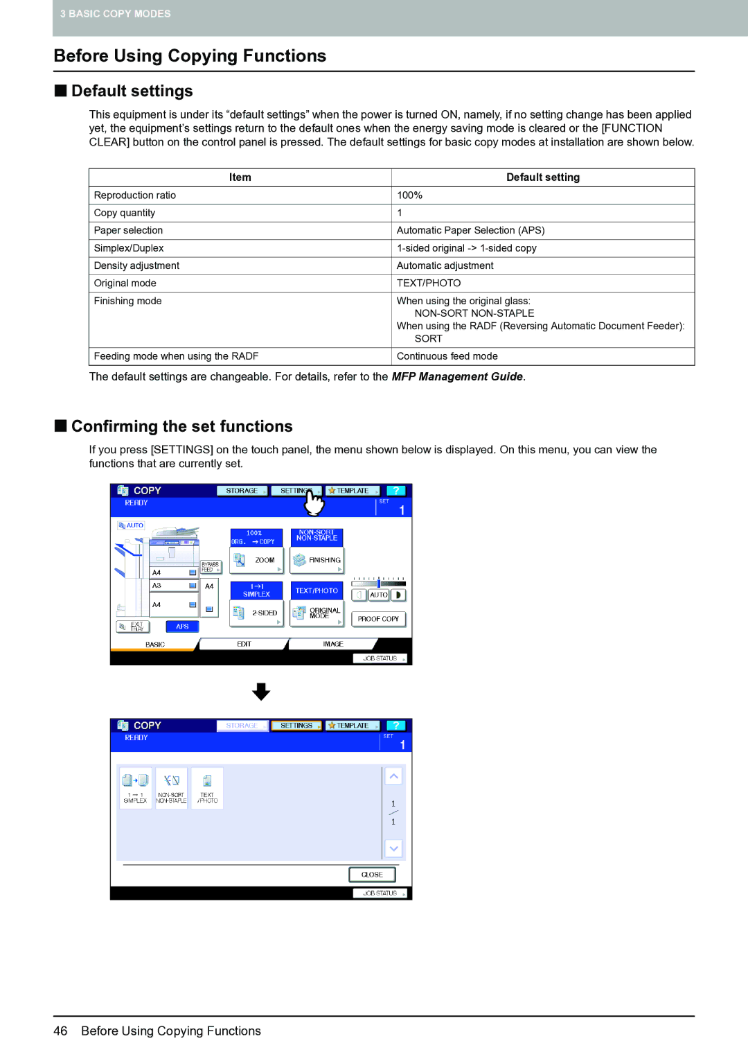 Toshiba E-STUDIO555 manual Before Using Copying Functions, „ Default settings, „ Confirming the set functions 