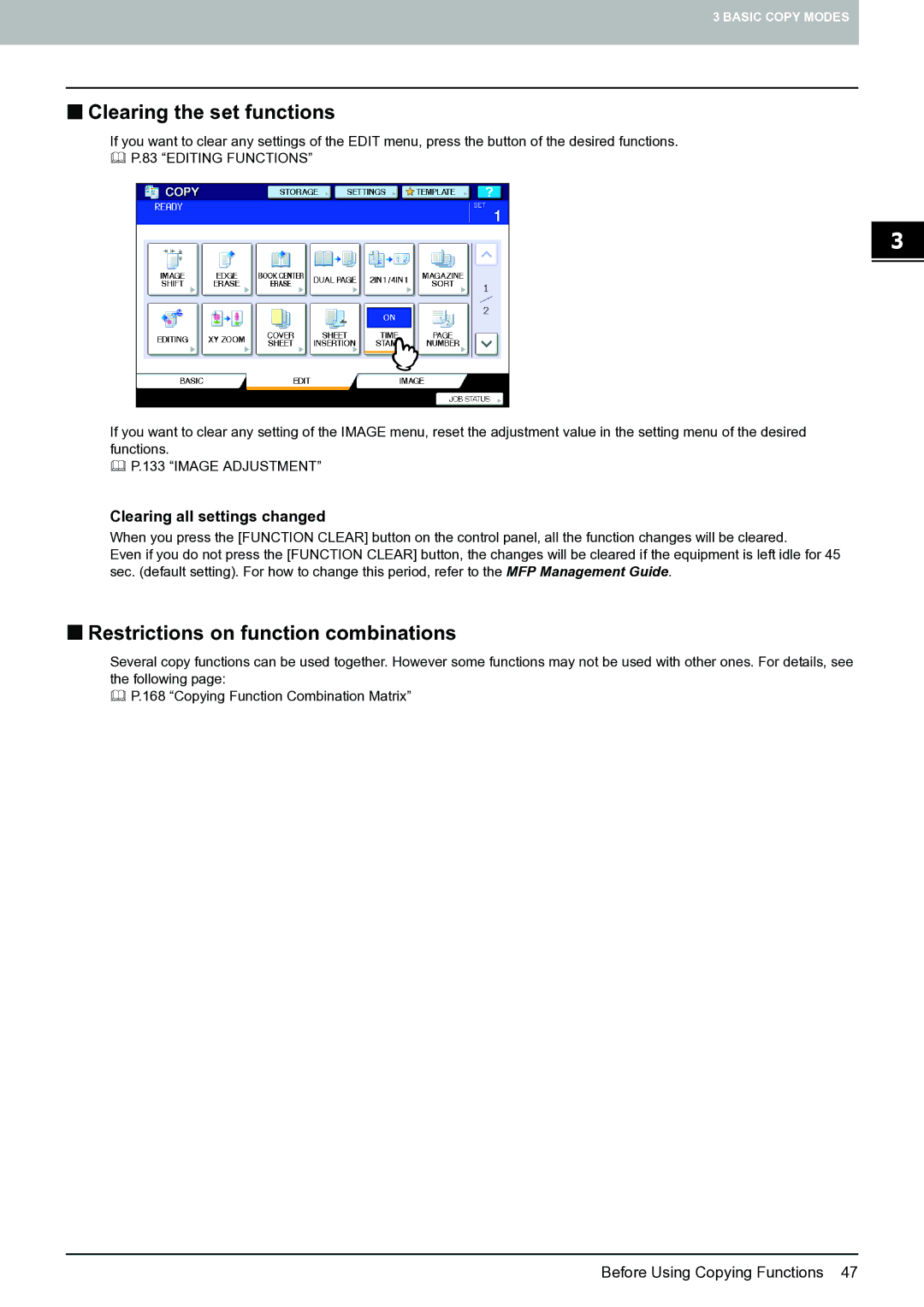 Toshiba E-STUDIO555 „ Clearing the set functions, „ Restrictions on function combinations, Clearing all settings changed 