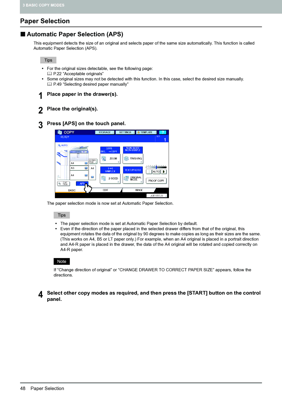 Toshiba E-STUDIO555 manual „ Automatic Paper Selection APS 