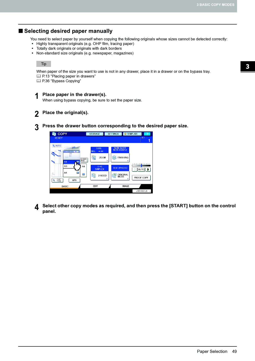 Toshiba E-STUDIO555 „ Selecting desired paper manually, Place paper in the drawers 