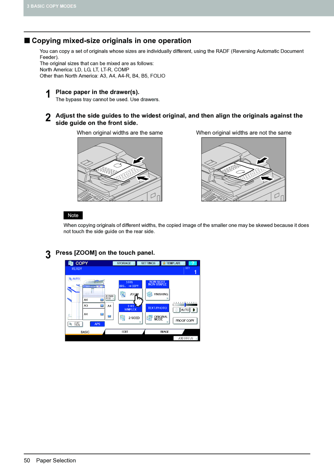 Toshiba E-STUDIO555 manual „ Copying mixed-size originals in one operation, Press Zoom on the touch panel 