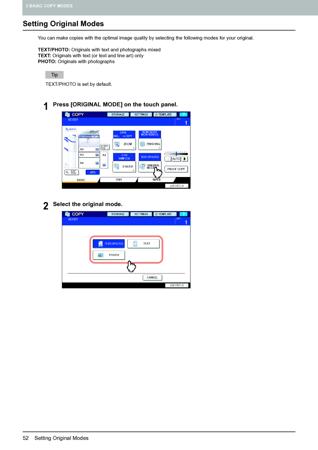 Toshiba E-STUDIO555 manual Setting Original Modes 