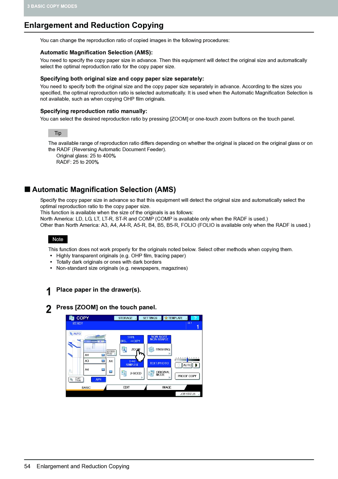 Toshiba E-STUDIO555 manual Enlargement and Reduction Copying, „ Automatic Magnification Selection AMS 