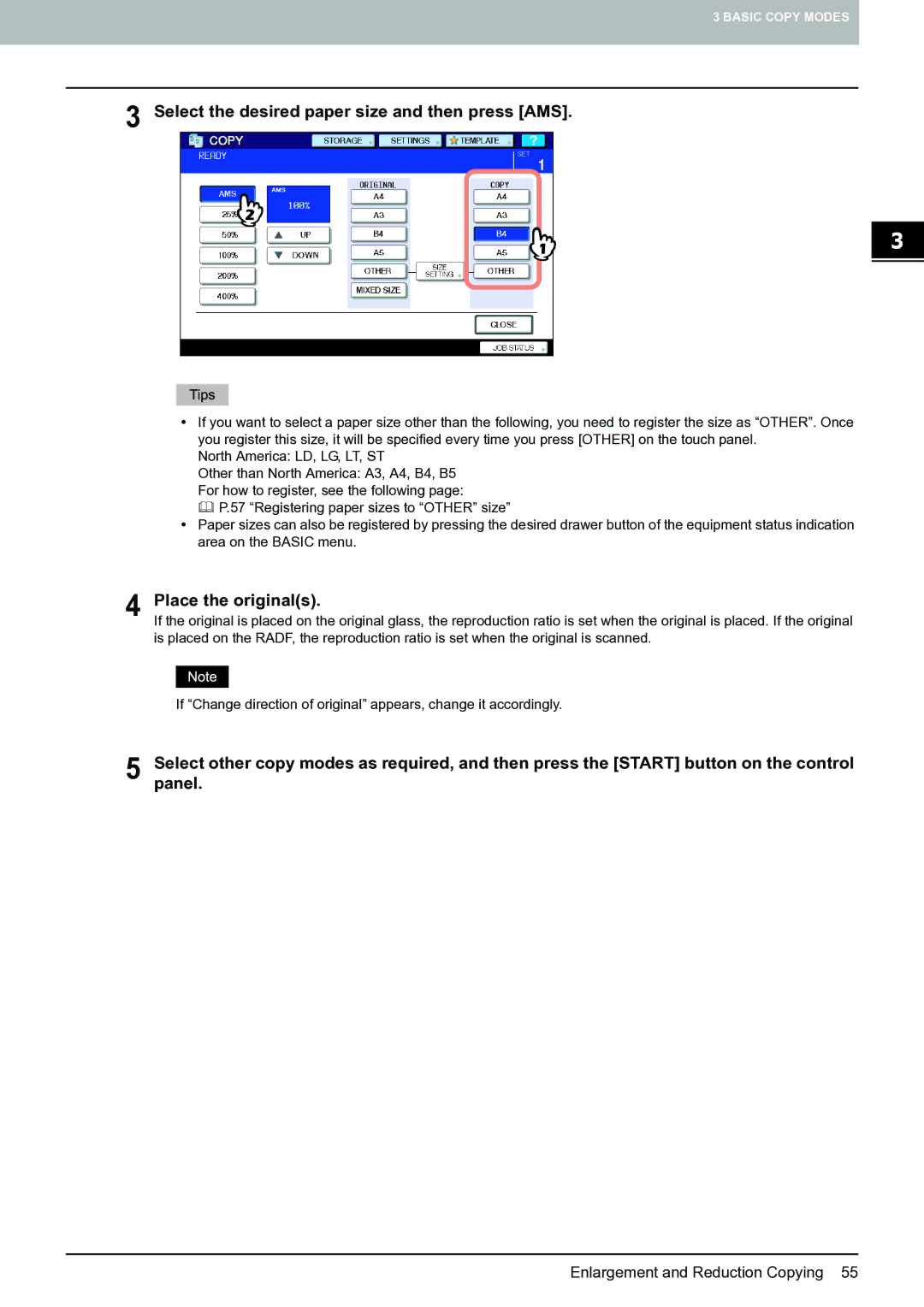 Toshiba E-STUDIO555 manual Select the desired paper size and then press AMS, Place the originals 