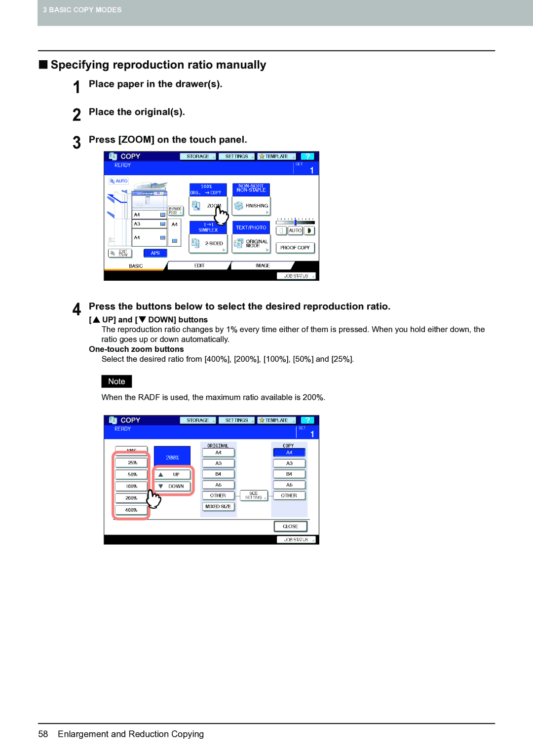 Toshiba E-STUDIO555 „ Specifying reproduction ratio manually, One-touch zoom buttons 