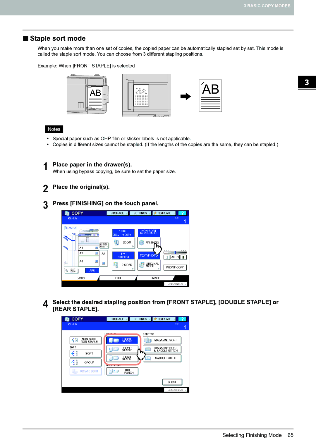 Toshiba E-STUDIO555 manual „ Staple sort mode, Place paper in the drawers 