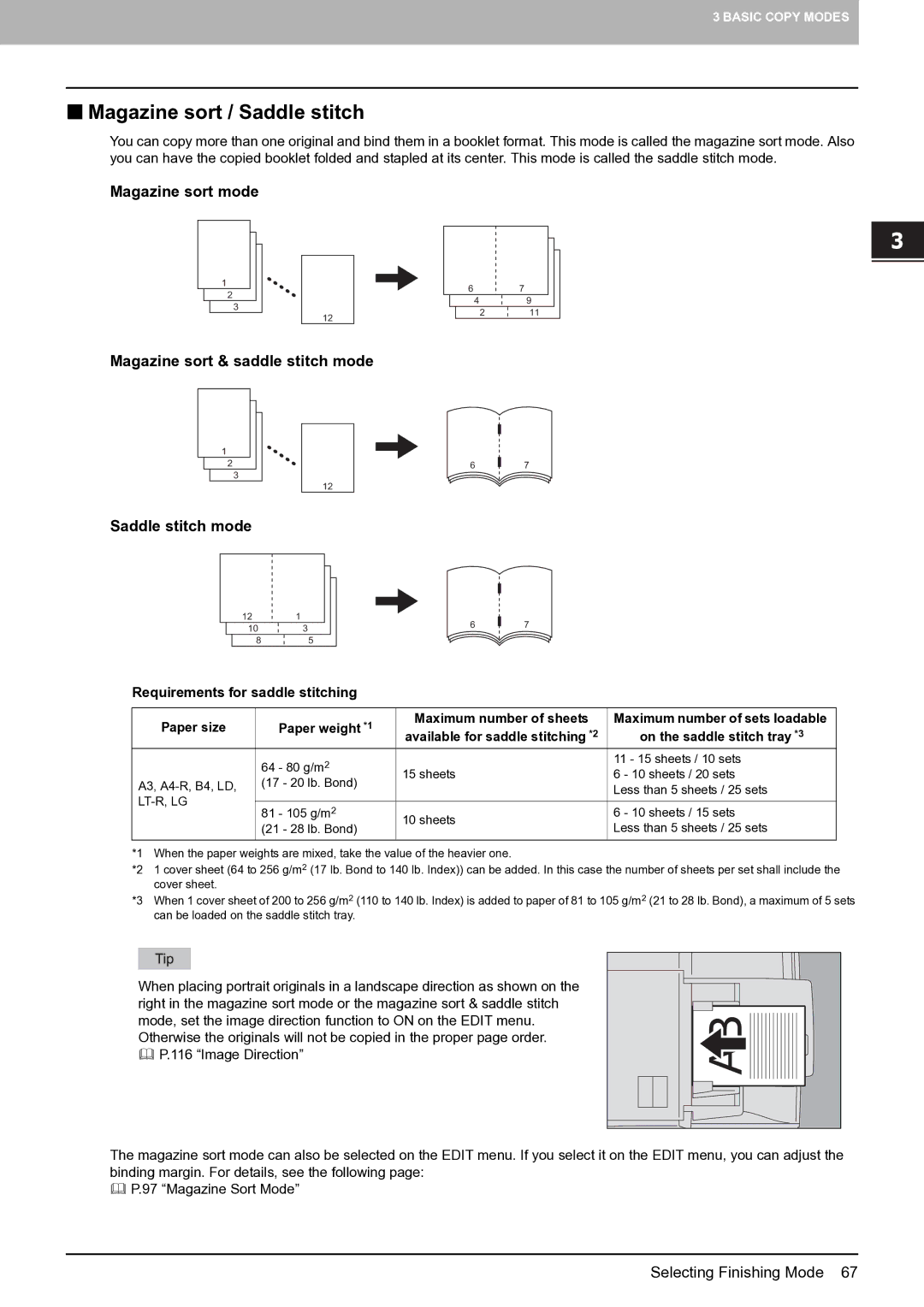 Toshiba E-STUDIO555 manual „ Magazine sort / Saddle stitch, Requirements for saddle stitching 