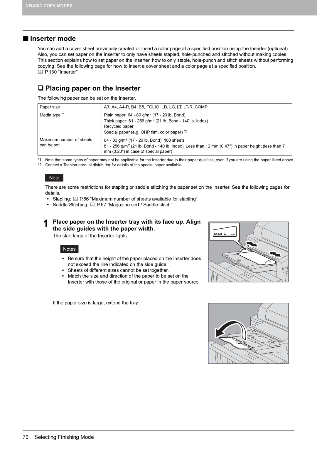 Toshiba E-STUDIO555 manual „ Inserter mode, ‰ Placing paper on the Inserter, Side guides with the paper width 