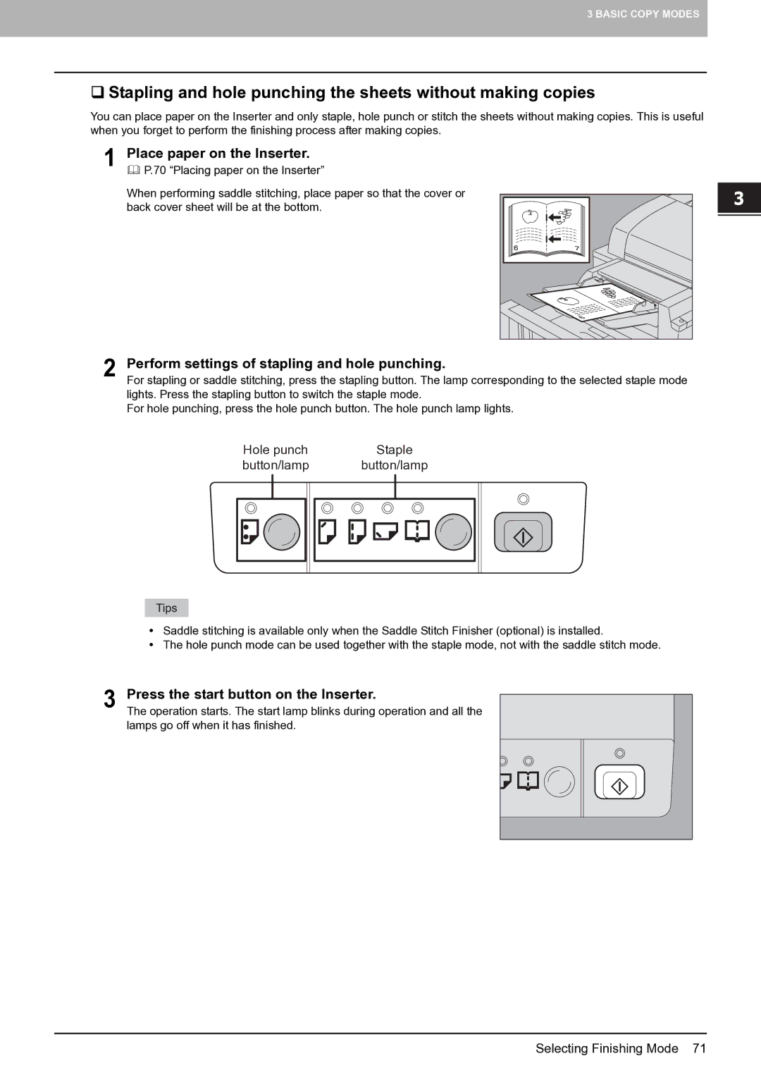 Toshiba E-STUDIO555 manual Place paper on the Inserter, Perform settings of stapling and hole punching 