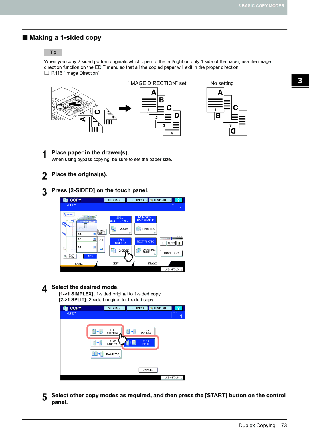 Toshiba E-STUDIO555 manual „ Making a 1-sided copy, Place paper in the drawers 