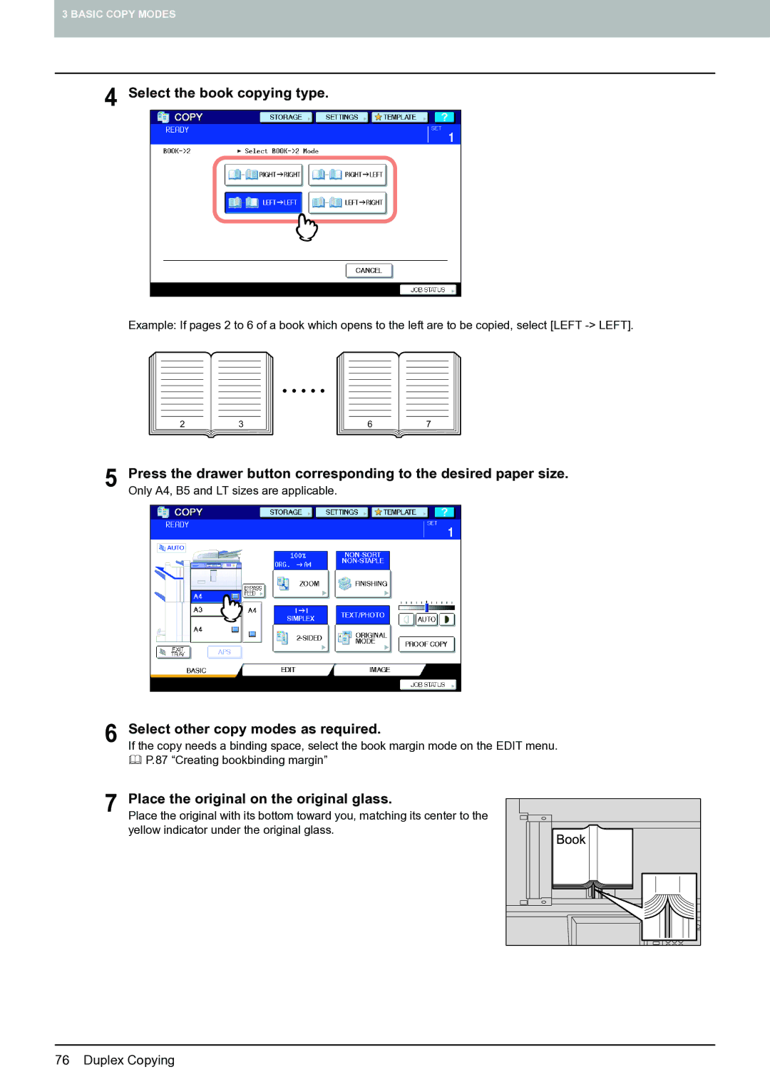 Toshiba E-STUDIO555 manual Select the book copying type, Select other copy modes as required 