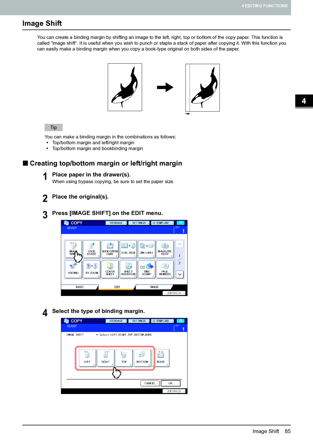 Toshiba E-STUDIO555 manual Image Shift, „ Creating top/bottom margin or left/right margin 