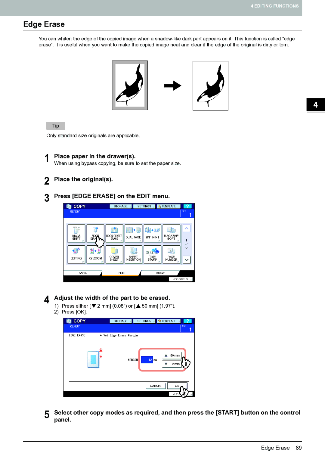 Toshiba E-STUDIO555 manual Edge Erase, Place paper in the drawers 