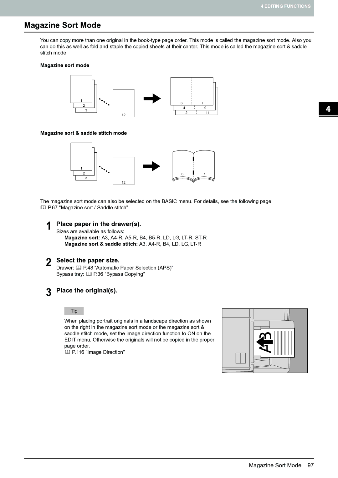 Toshiba E-STUDIO555 manual Magazine Sort Mode, Select the paper size, Magazine sort mode Magazine sort & saddle stitch mode 