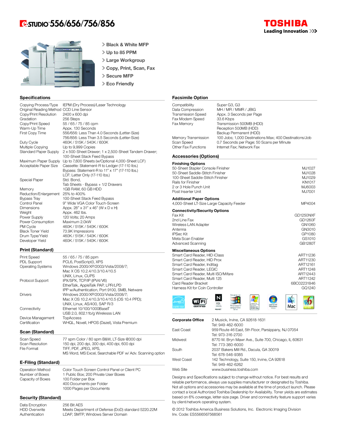 Toshiba E-STUDIO556, E-STUDIO656, E-STUDIO756, E-STUDIO856 manual Specifications 