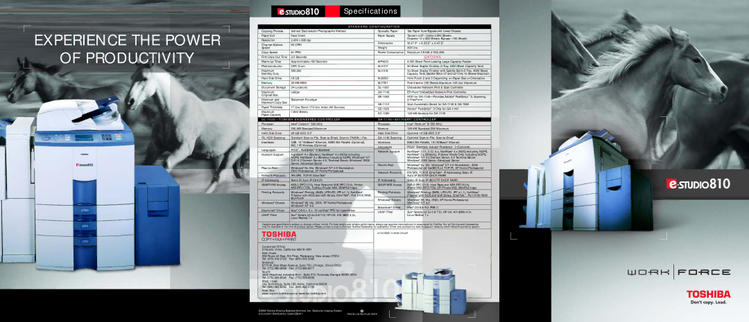 Toshiba e-STUDIO810 specifications TA N D a R D C O N F I G U R AT I O N, Mb Ram, GL 1020 Toshiba Engineered Controller 