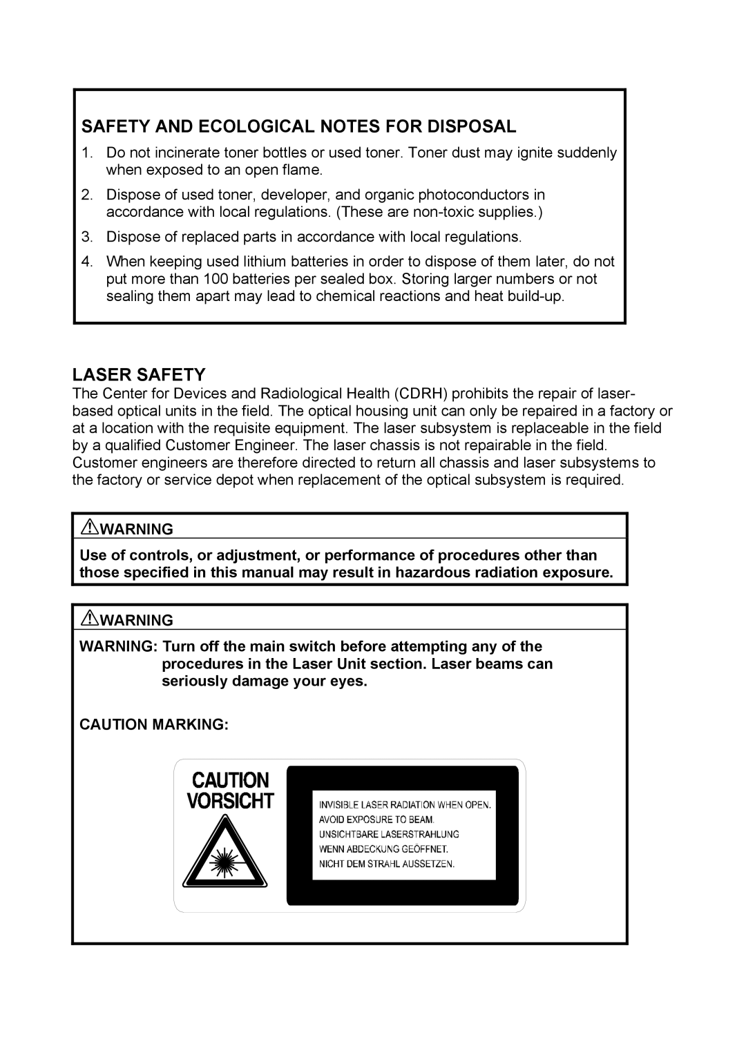 Toshiba E-STUDIO900 manual Safety and Ecological Notes for Disposal, Laser Safety 