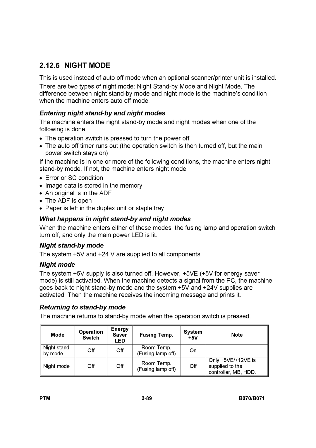 Toshiba E-STUDIO900 Night Mode, Entering night stand-by and night modes, What happens in night stand-by and night modes 