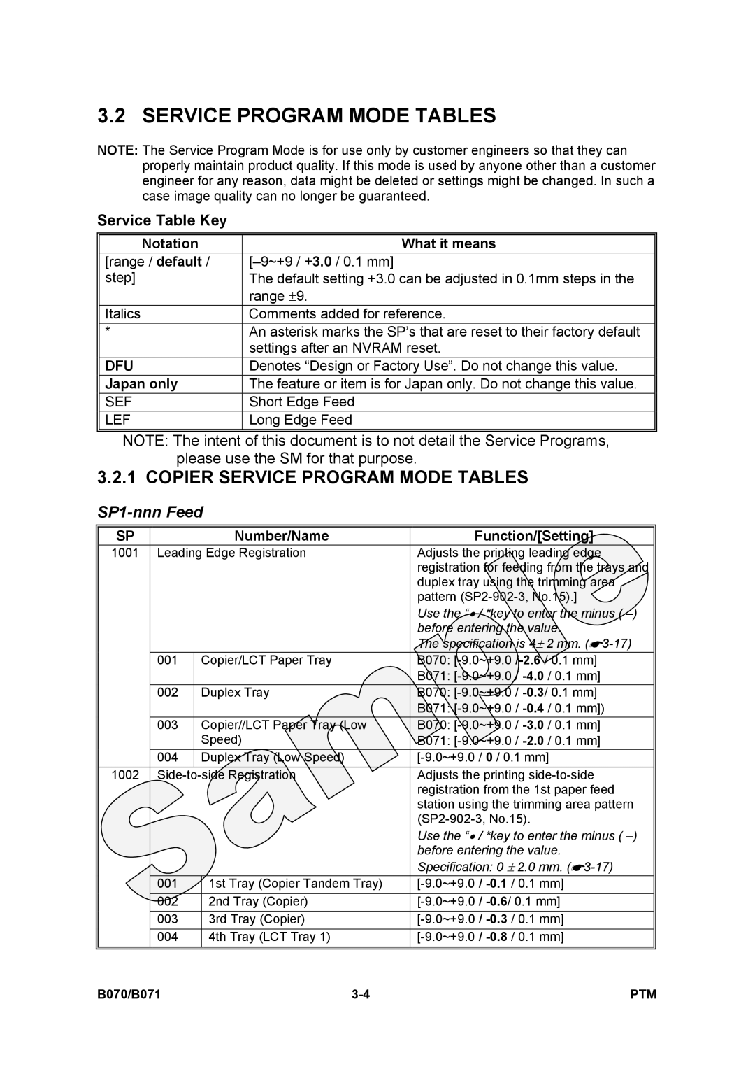 Toshiba E-STUDIO900 manual Copier Service Program Mode Tables, SP1-nnn Feed, Service Table Key 