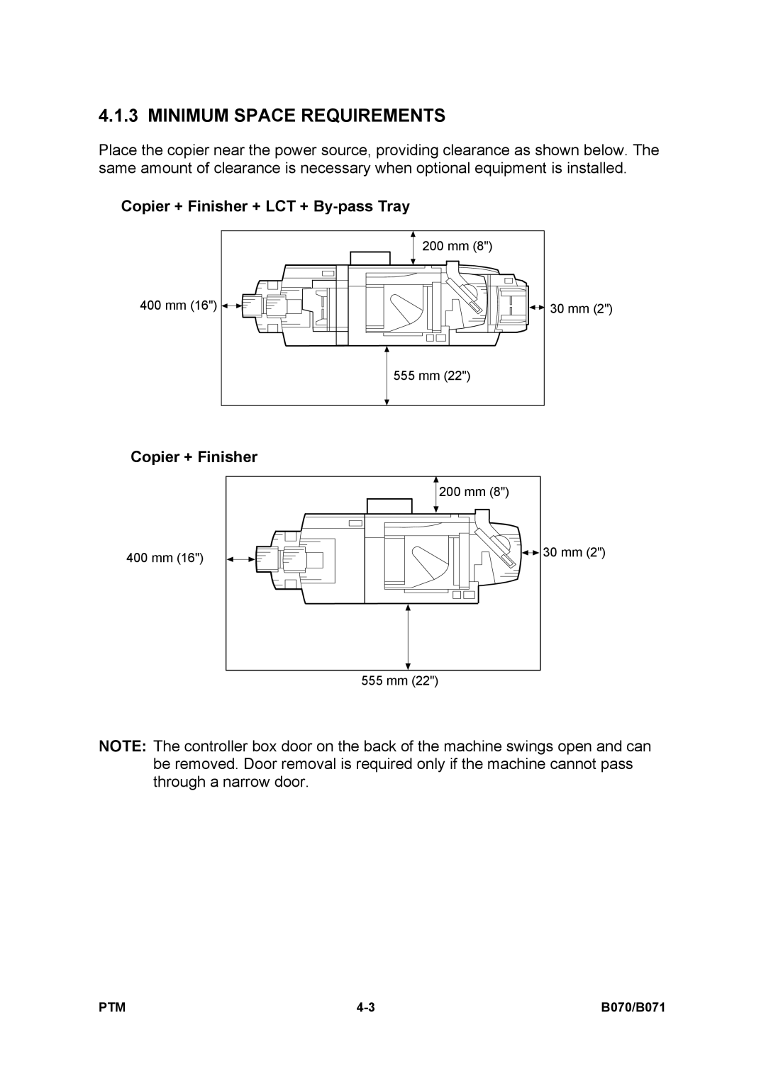 Toshiba E-STUDIO900 manual Minimum Space Requirements, Copier + Finisher + LCT + By-pass Tray 