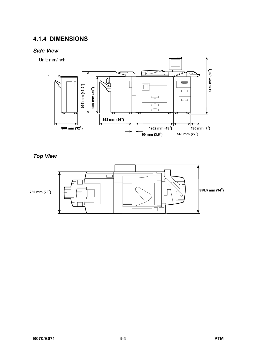 Toshiba E-STUDIO900 manual Dimensions, Side View, Top View 