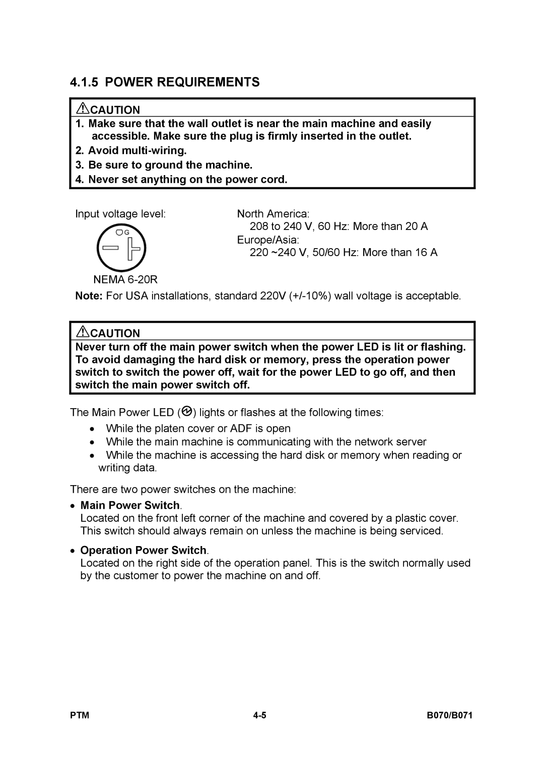 Toshiba E-STUDIO900 manual Power Requirements, Main Power Switch, Operation Power Switch 