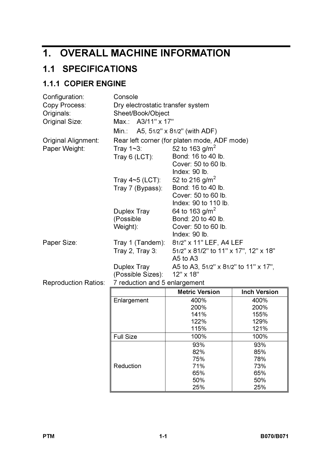 Toshiba E-STUDIO900 manual Specifications, Copier Engine 