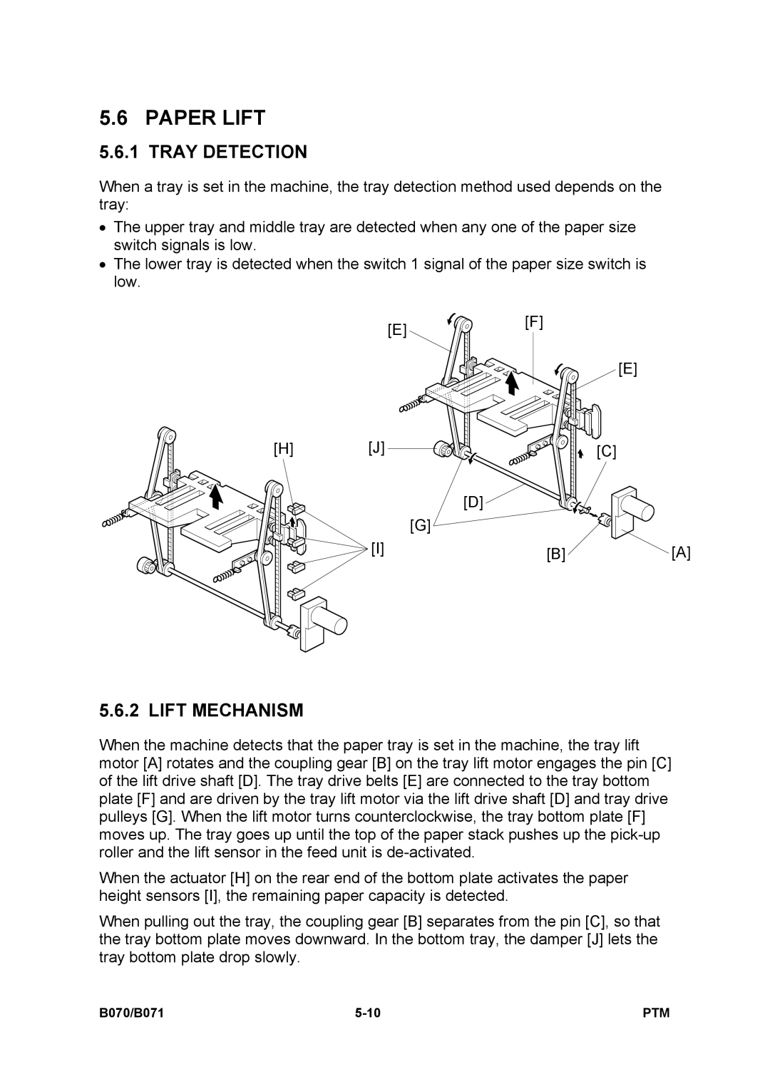 Toshiba E-STUDIO900 manual Paper Lift, Tray Detection, Lift Mechanism 