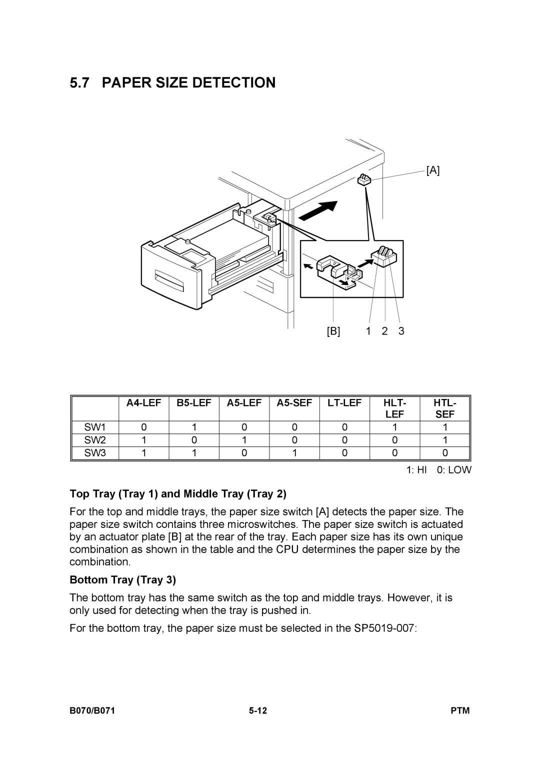 Toshiba E-STUDIO900 manual Paper Size Detection, Top Tray Tray 1 and Middle Tray Tray, Bottom Tray Tray 