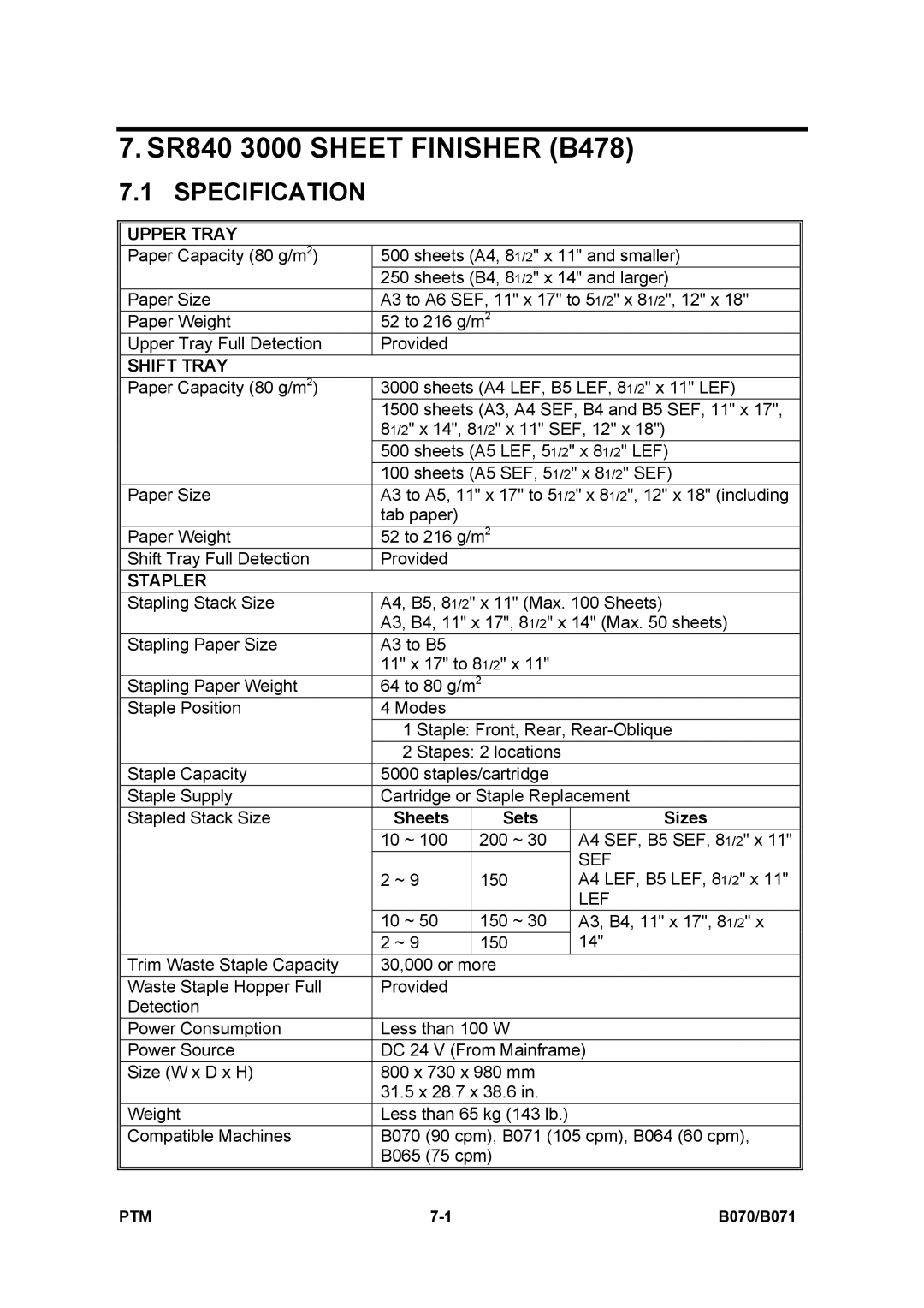 Toshiba E-STUDIO900 manual SR840 3000 Sheet Finisher B478, Specification 