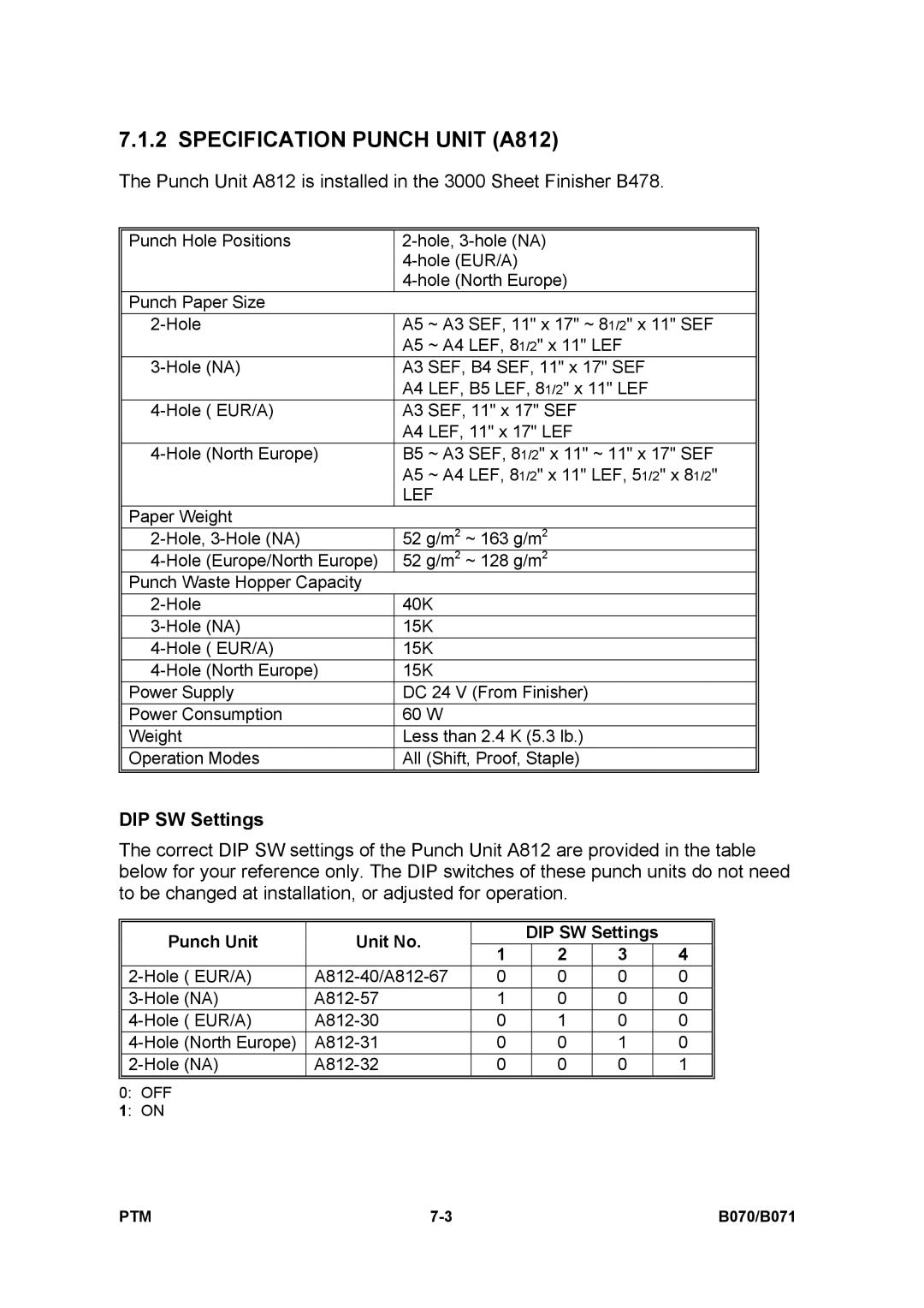 Toshiba E-STUDIO900 manual Specification Punch Unit A812 