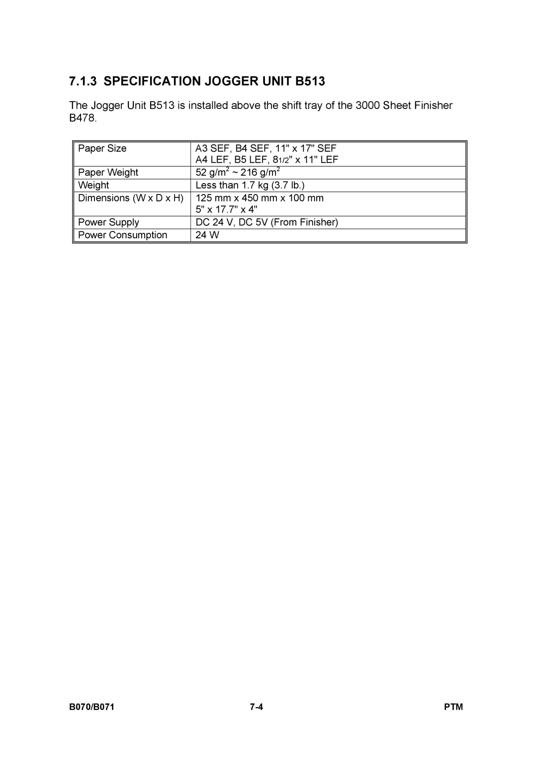 Toshiba E-STUDIO900 manual Specification Jogger Unit B513 