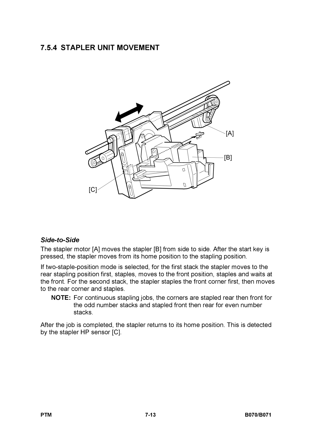 Toshiba E-STUDIO900 manual Stapler Unit Movement, Side-to-Side 