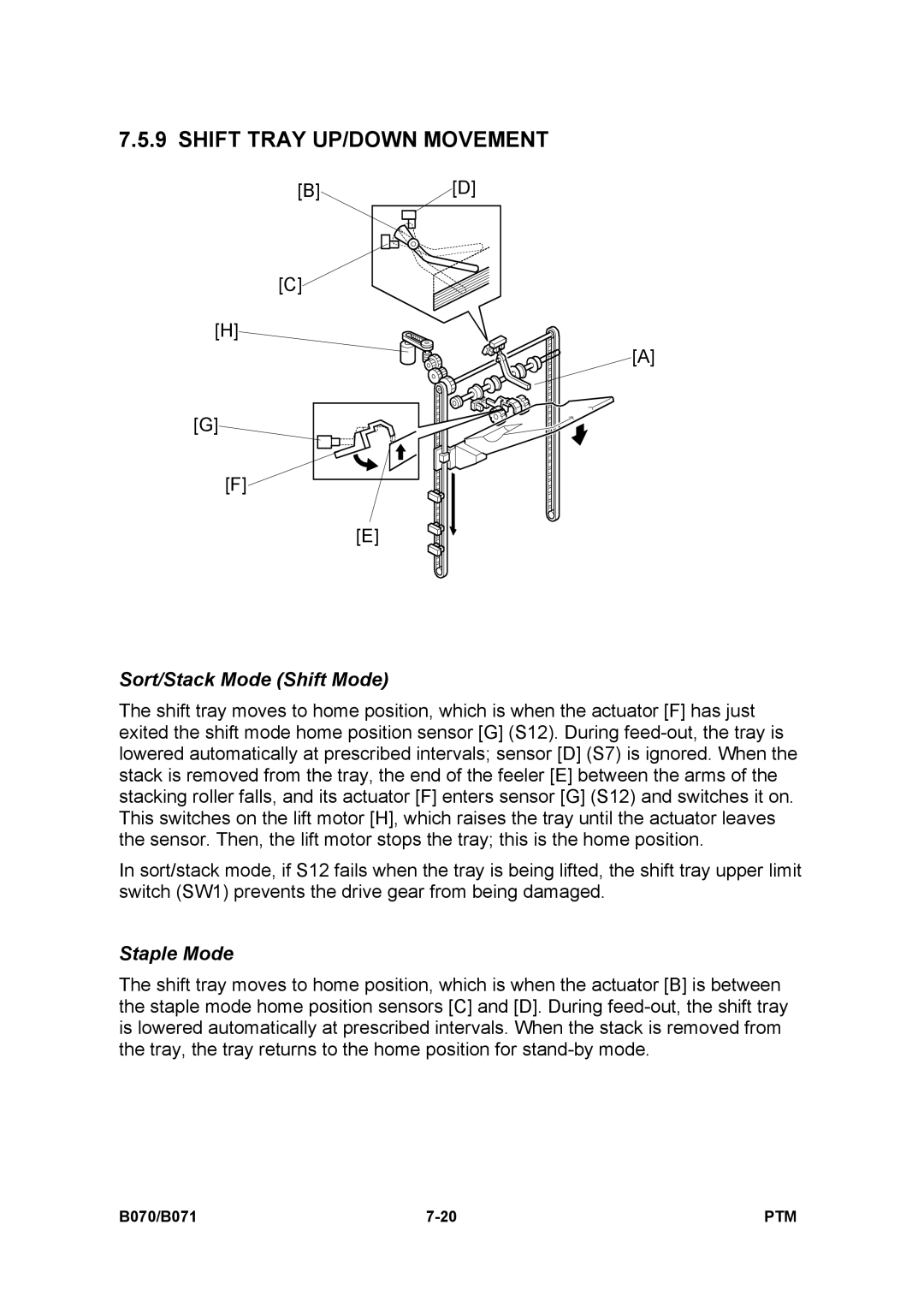 Toshiba E-STUDIO900 manual Shift Tray UP/DOWN Movement, Sort/Stack Mode Shift Mode, Staple Mode 