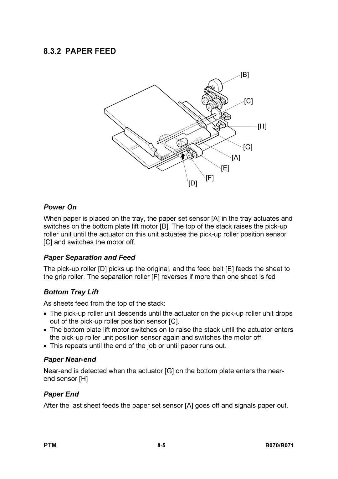 Toshiba E-STUDIO900 manual Power On, Paper Separation and Feed, Bottom Tray Lift, Paper Near-end, Paper End 