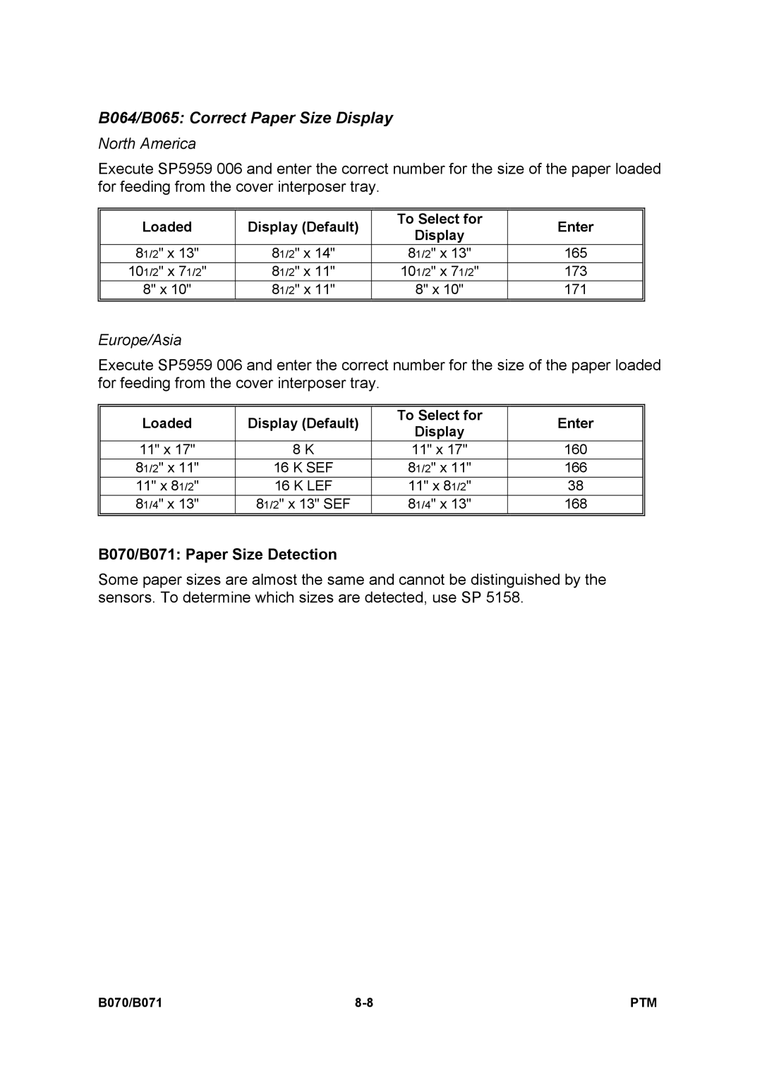 Toshiba E-STUDIO900 manual B064/B065 Correct Paper Size Display, B070/B071 Paper Size Detection 