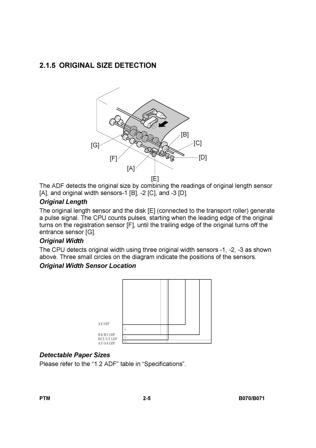 Toshiba E-STUDIO900 Original Size Detection, Original Length, Original Width Sensor Location, Detectable Paper Sizes 