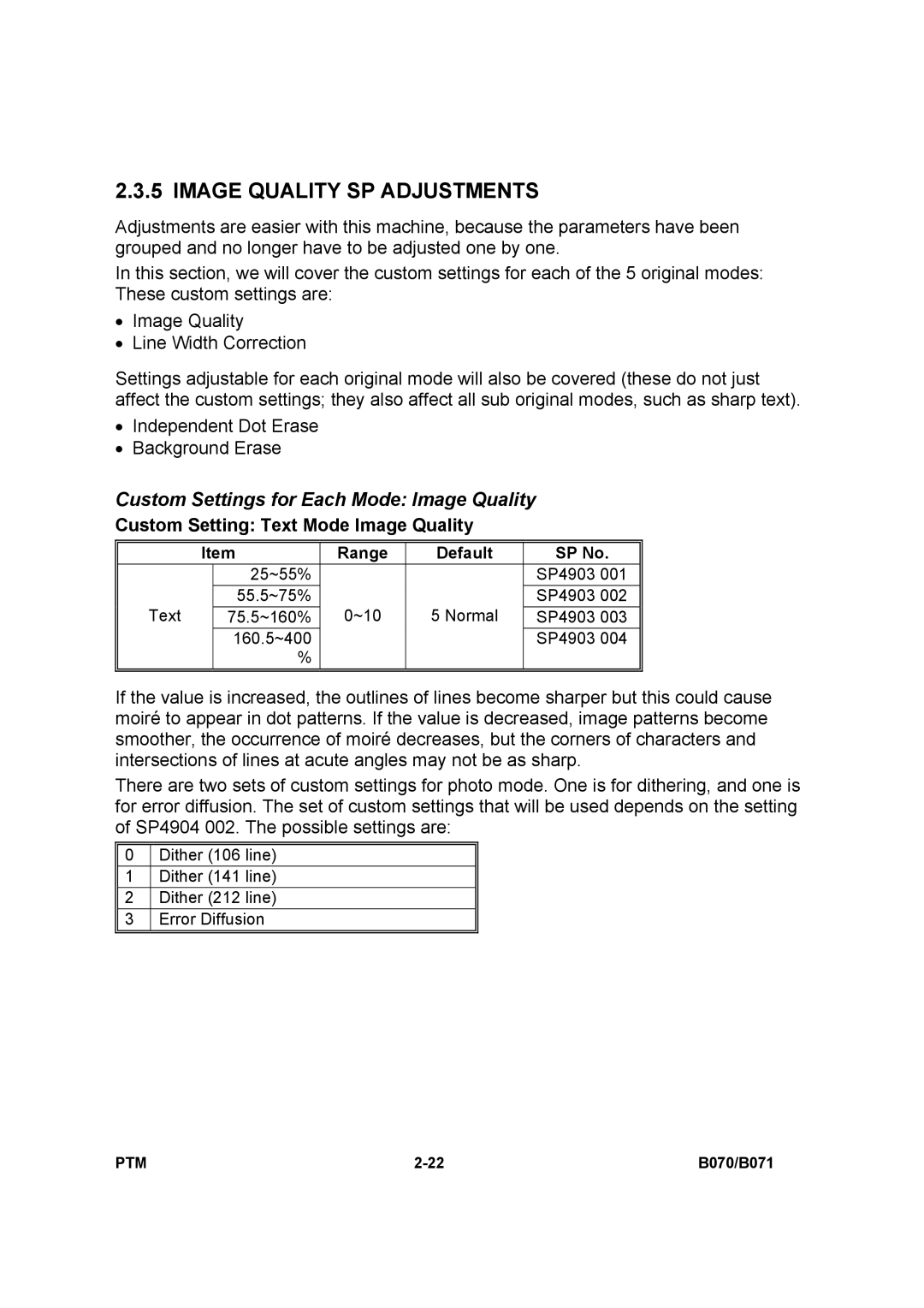 Toshiba E-STUDIO900 manual Image Quality SP Adjustments, Custom Settings for Each Mode Image Quality 