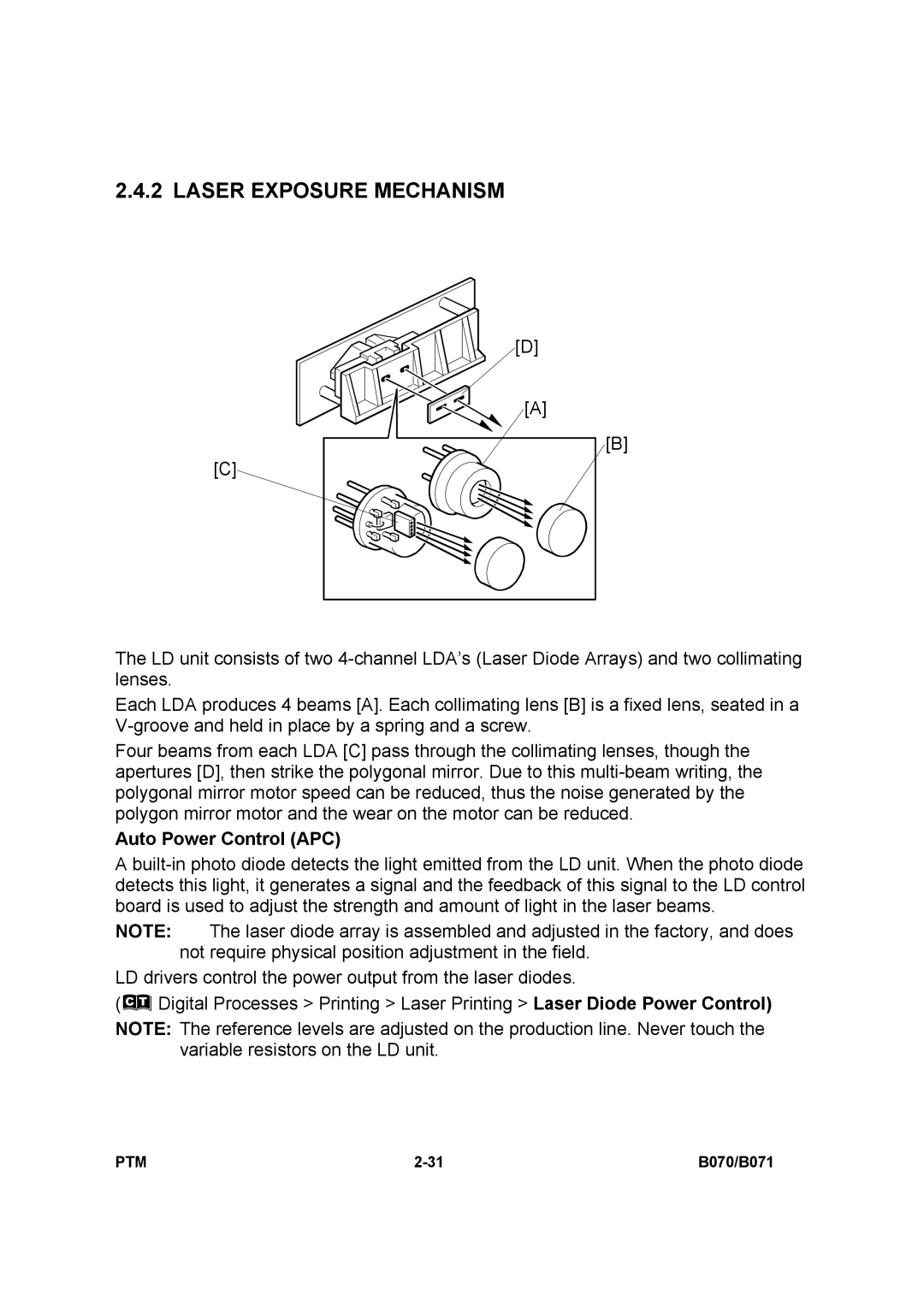 Toshiba E-STUDIO900 manual Laser Exposure Mechanism, Auto Power Control APC 