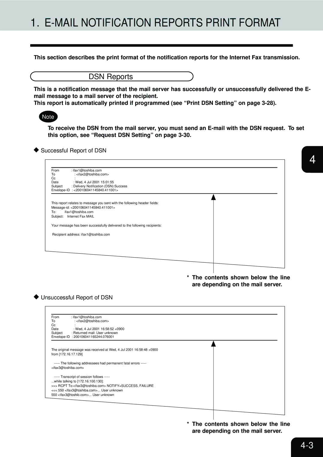 Toshiba E1-17063A manual Mail Notification Reports Print Format, DSN Reports, Successful Report of DSN 