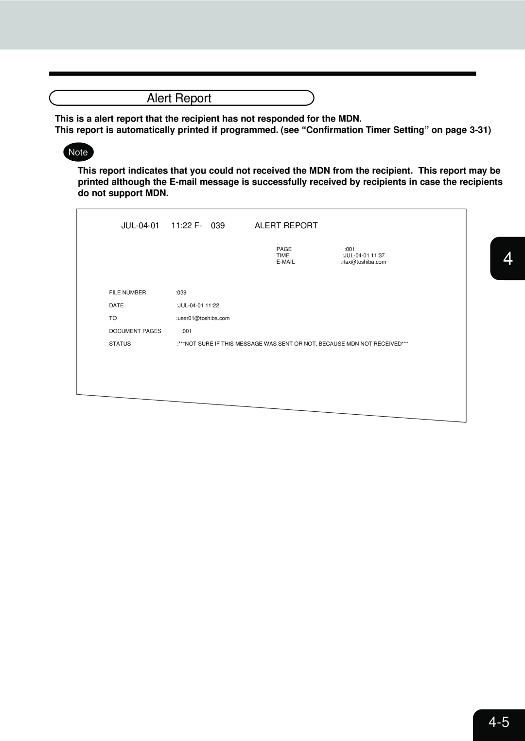 Toshiba E1-17063A manual Alert Report 