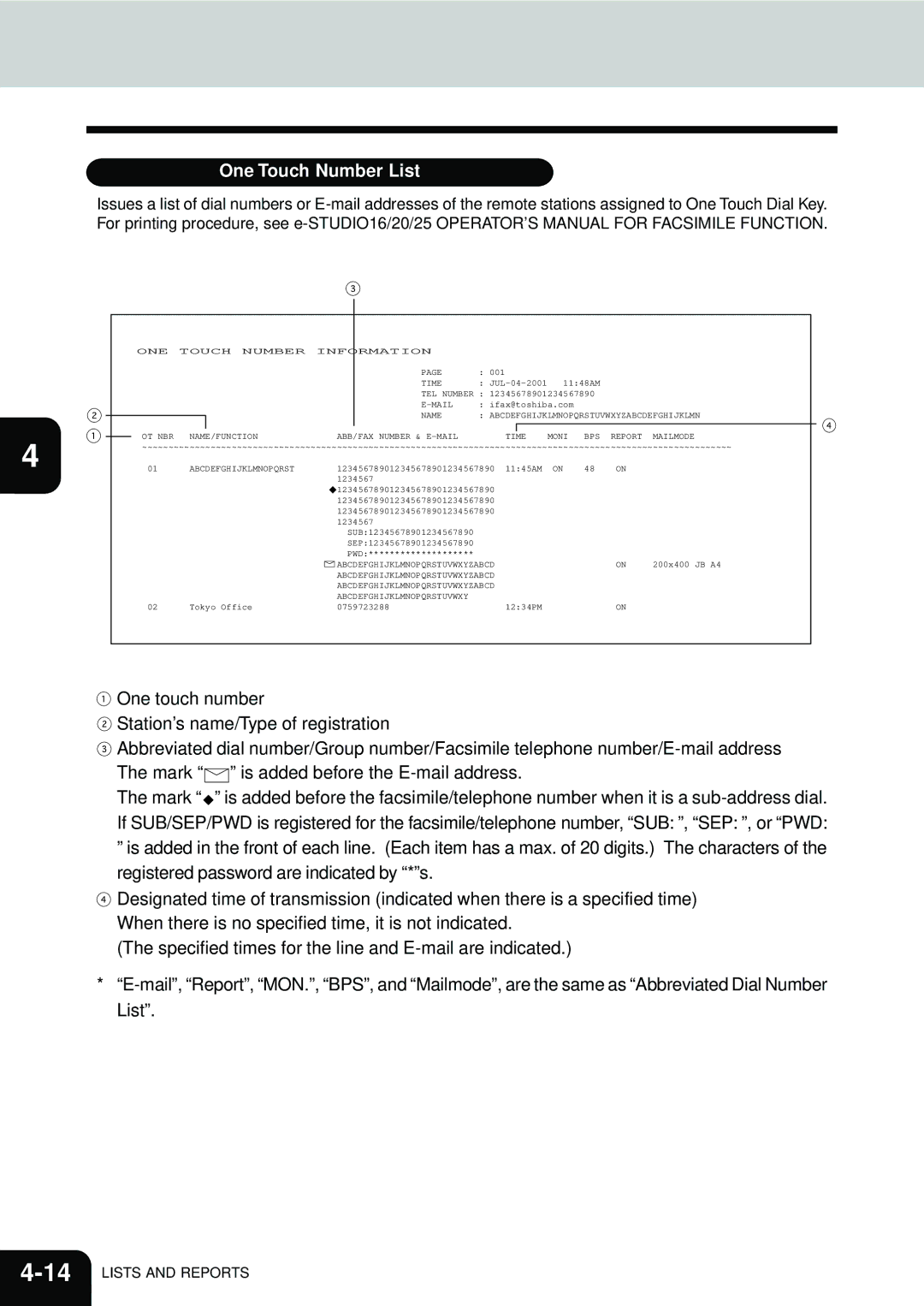 Toshiba E1-17063A manual One Touch Number List 