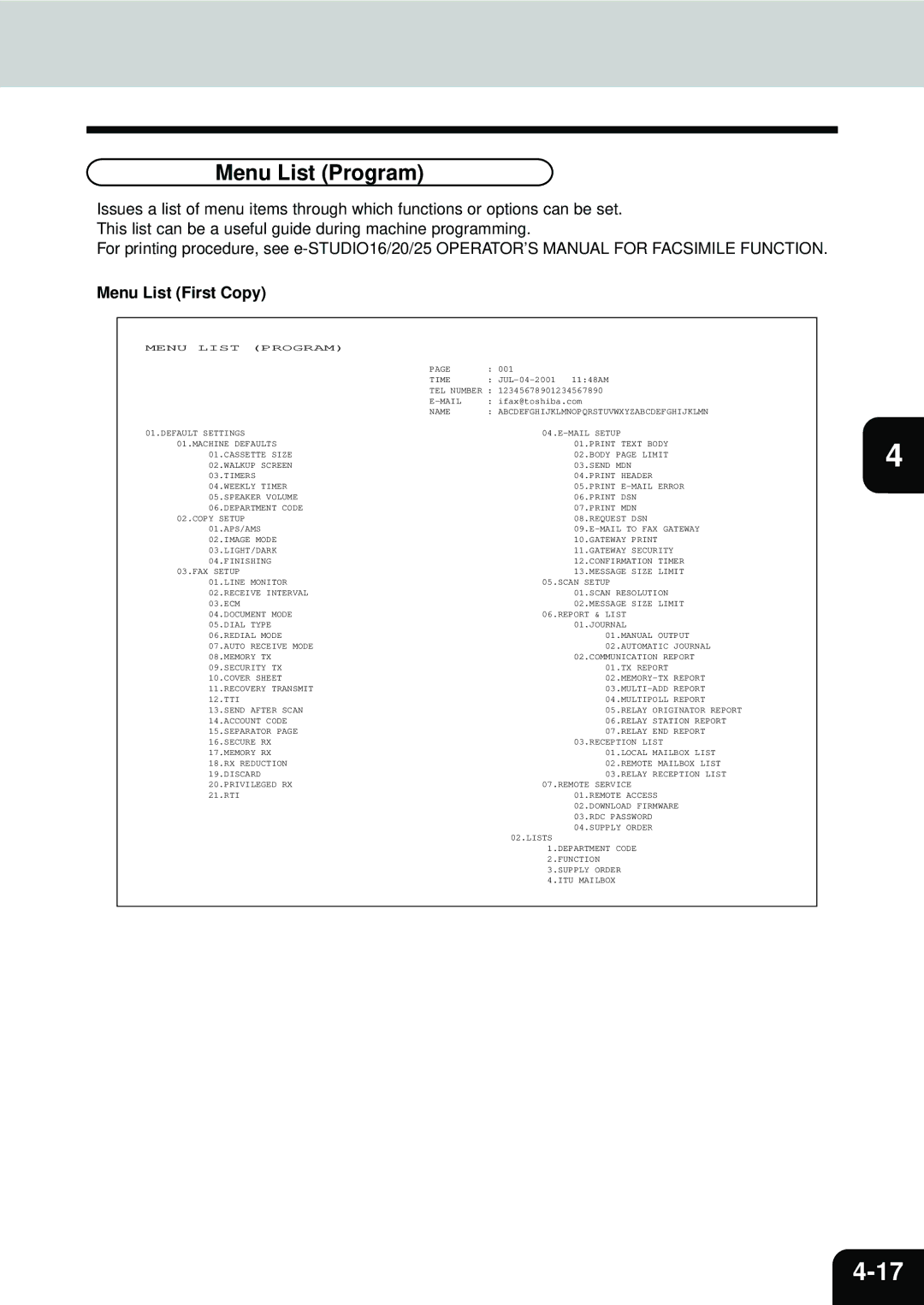 Toshiba E1-17063A manual Menu List Program, Menu List First Copy 